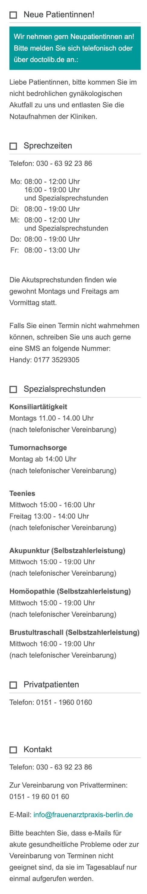 Seitenspalte der alten Website mit Hinweisen, Sprechzeiten, sechs Spezialsprechstunden und drei Telefonnummern