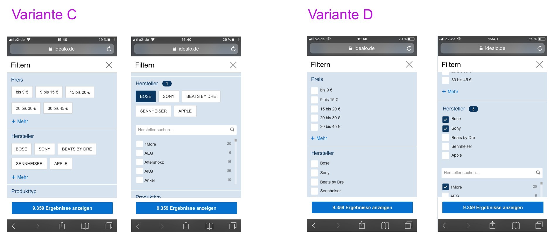 Filtersortierung Top 5: Variante C mit Buttons, Variante D mit Checkbox-Listen