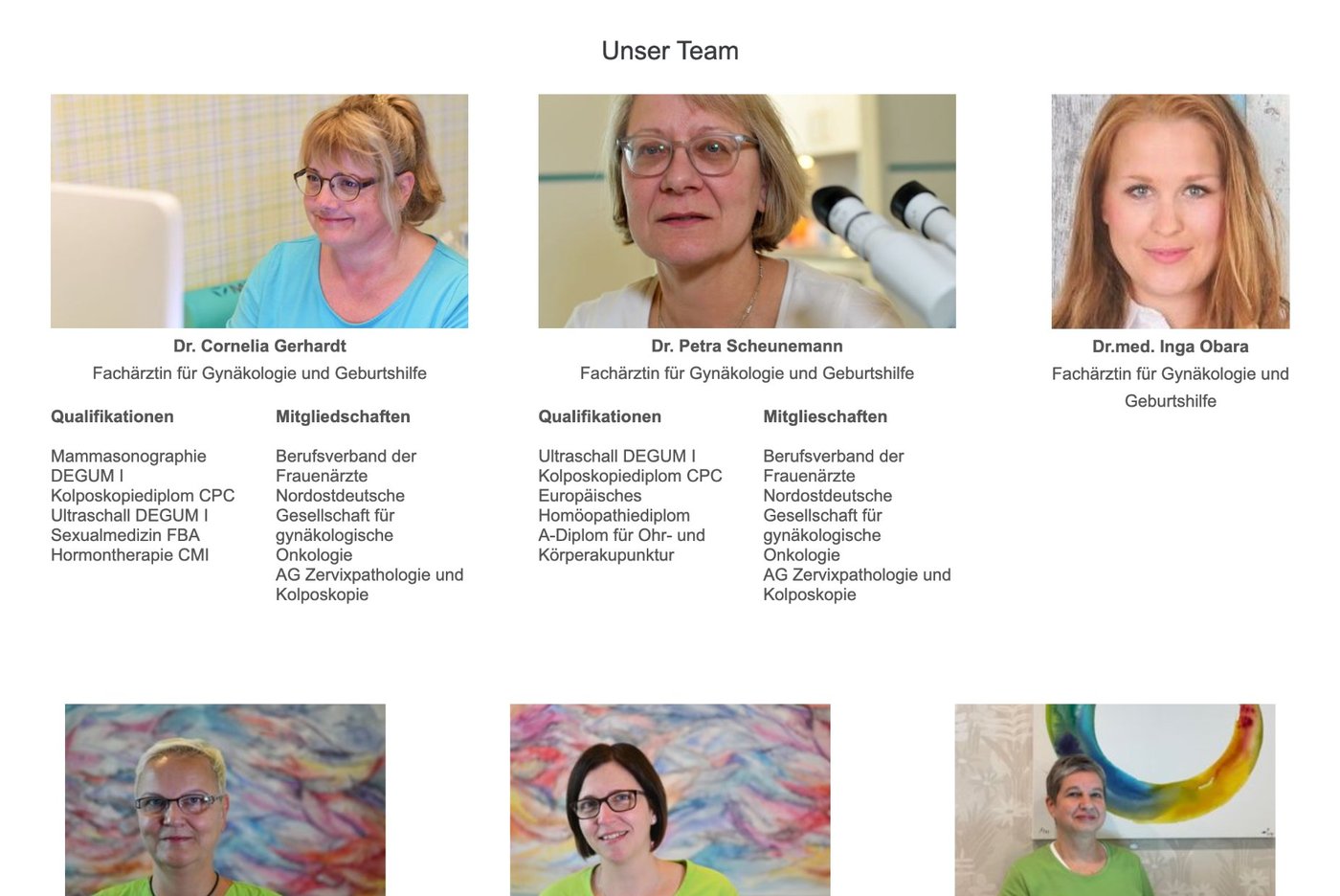Alter Teambereich mit uneinheitlichen Fotos und langen Qualifikationslisten