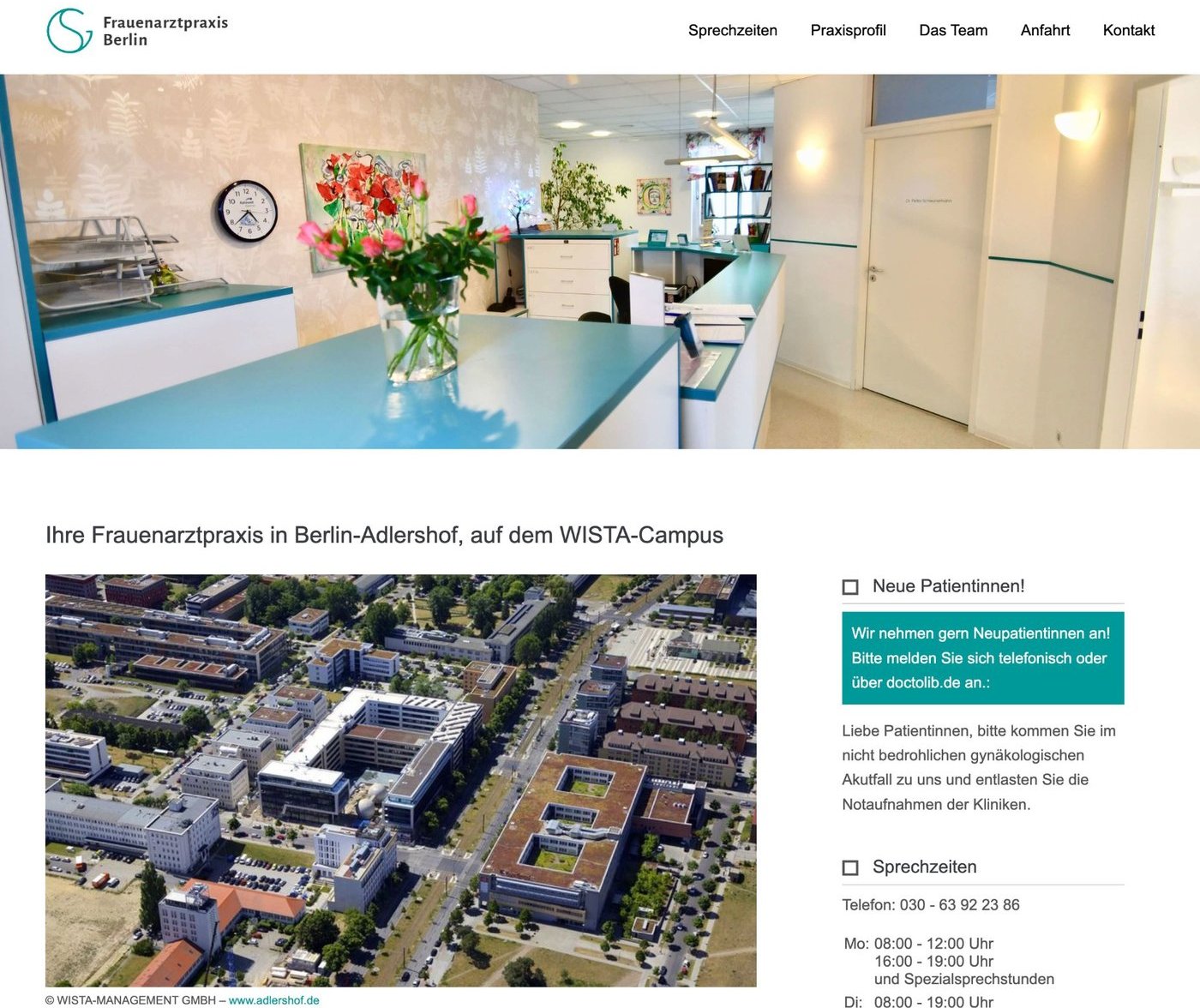 Alte Praxis-Website: Foto des Empfangs, Luftbild des Campus und eine schmale Textspalte mit Sprechzeiten