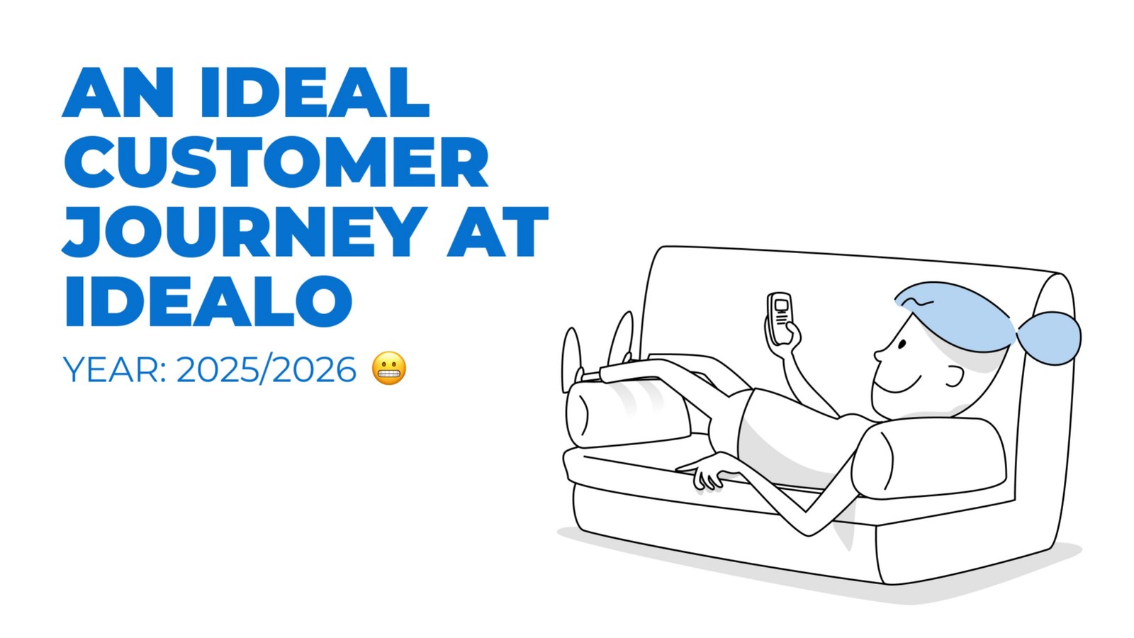 Titelfolie: An Ideal Customer Journey at idealo, Jahr 2025/2026, Illustration einer Frau mit Smartphone auf dem Sofa