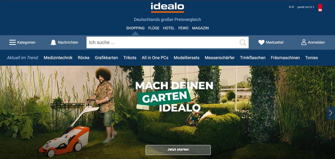 idealo-Startseite 2021: großes Kampagnenbild, Kategorien nur hinter einem Menü
