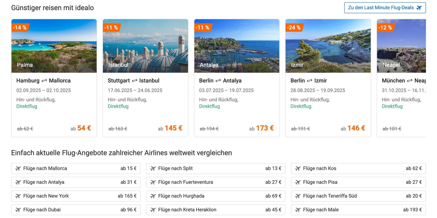 2025: Flug-Deals als Karten mit Bild, Route, Datum und Streichpreis