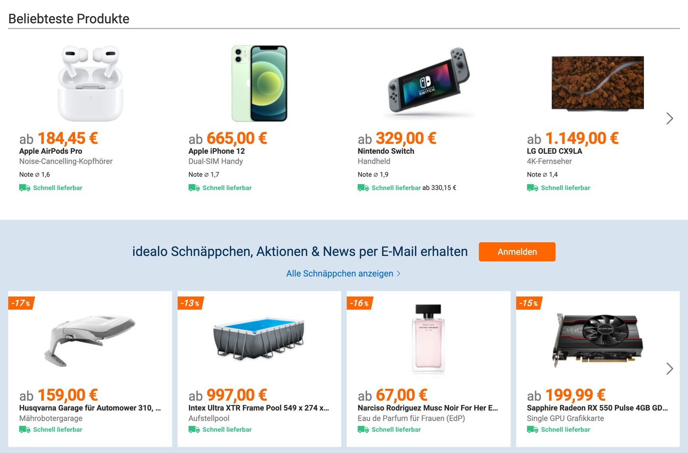 2021: Beliebteste Produkte und Schnäppchen als getrennte Karussells, dazwischen Newsletter