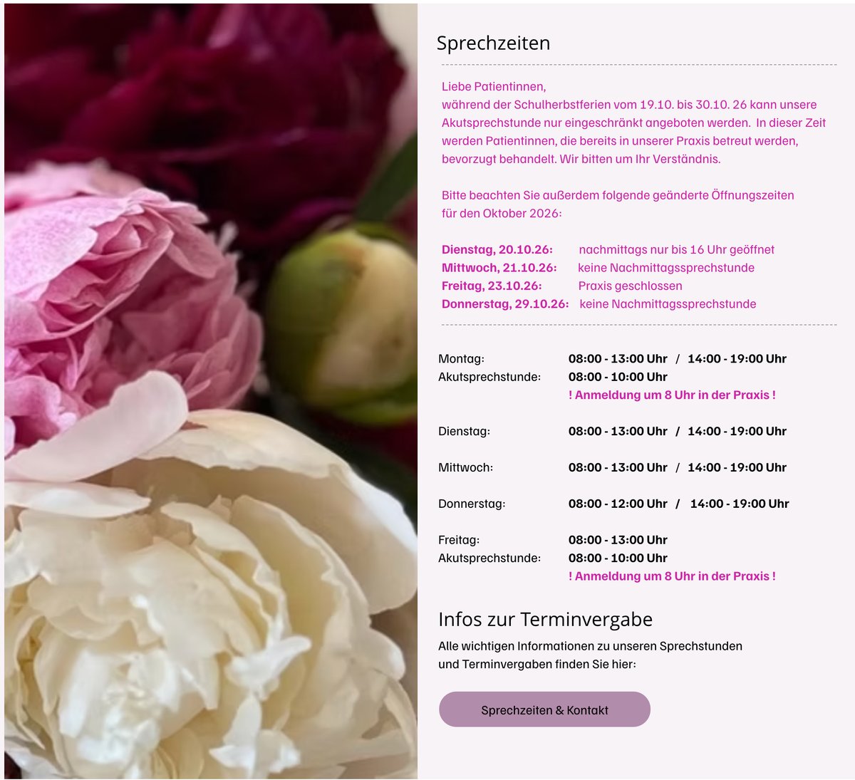 Neuer Sprechzeiten-Bereich mit hervorgehobenen Hinweisen, Zeitentabelle und Button zur Terminvergabe