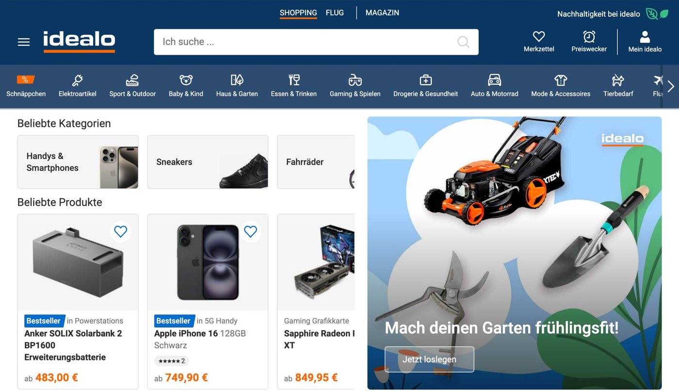 idealo-Startseite 2025: Suche, Kategorienleiste mit Icons, beliebte Kategorien und Produkte neben kompakter Kampagne
