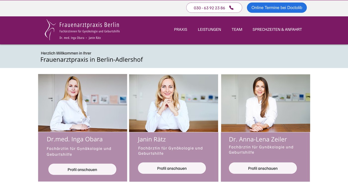 Neue Startseite der Frauenarztpraxis mit den drei Ärztinnen