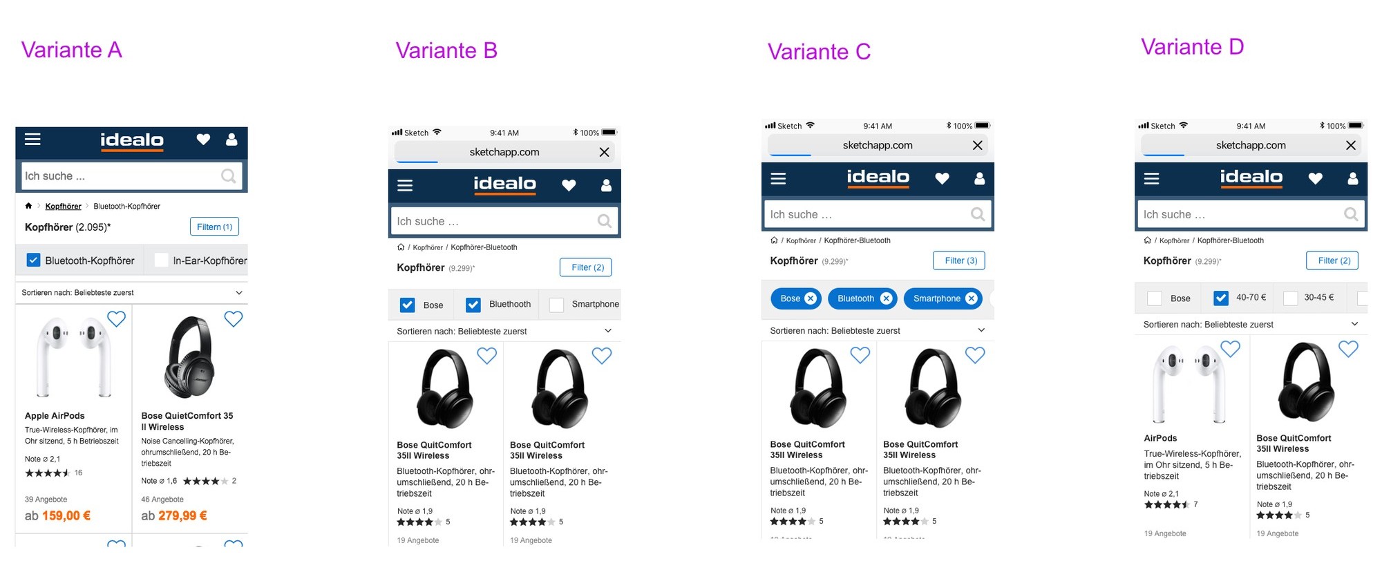 TopFilter 2. Iteration: vier Varianten für sichtbare Filter direkt über der Ergebnisliste auf dem Smartphone