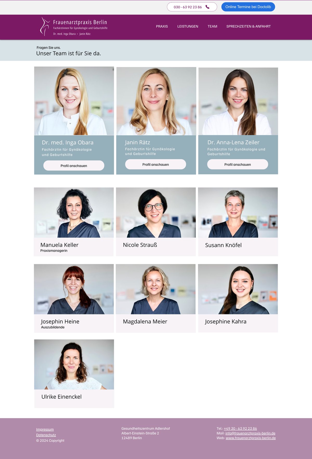 Neue Teamseite: Ärztinnen mit einheitlichen Porträts und Profil-Buttons, darunter das Praxisteam im Raster